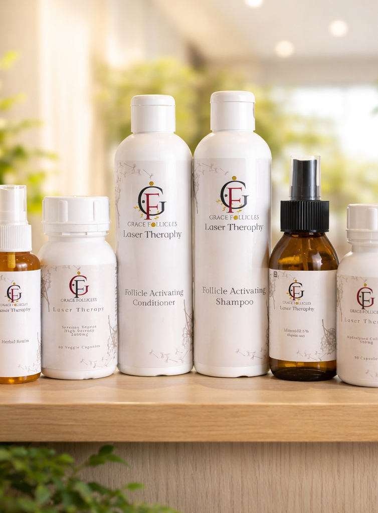 Professional hair restoration product packages at Grace Follicles Umhlanga and Sandton